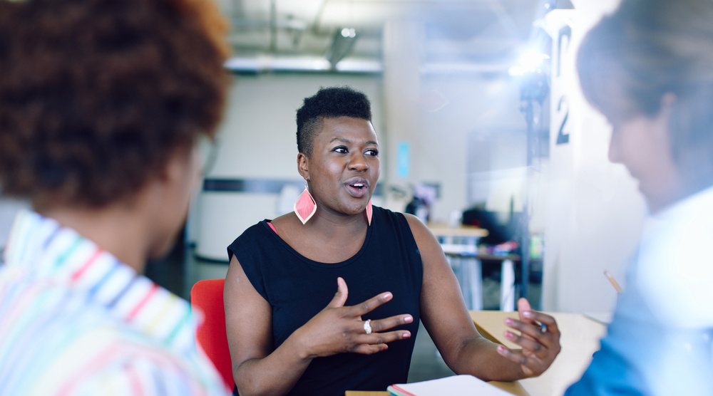 lady talking to others