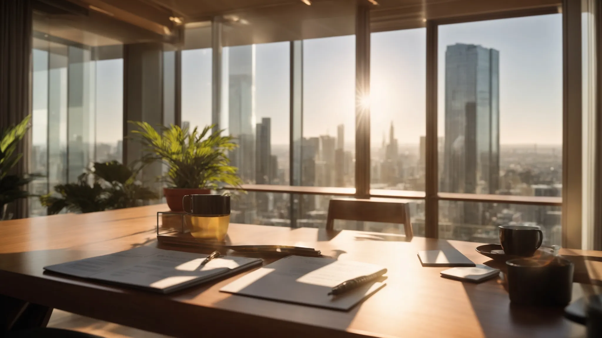 a determined new real estate agent confidently reviews a detailed budget plan at a sleek wooden desk, with vibrant cityscape views through a large window, bathed in warm afternoon sunlight.