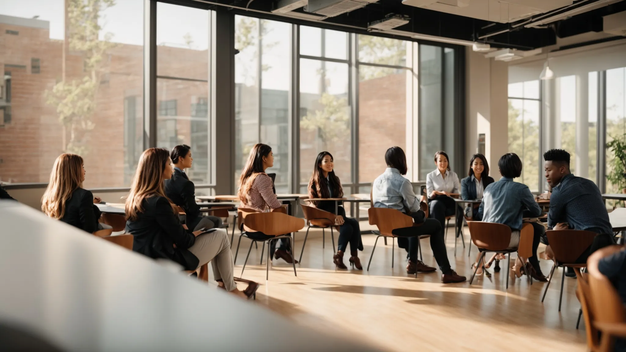 a dynamic classroom setting featuring diverse aspiring real estate agents engaged in an interactive training session, illuminated by bright natural light filtering through large windows, showcasing a vibrant atmosphere of learning and collaboration.