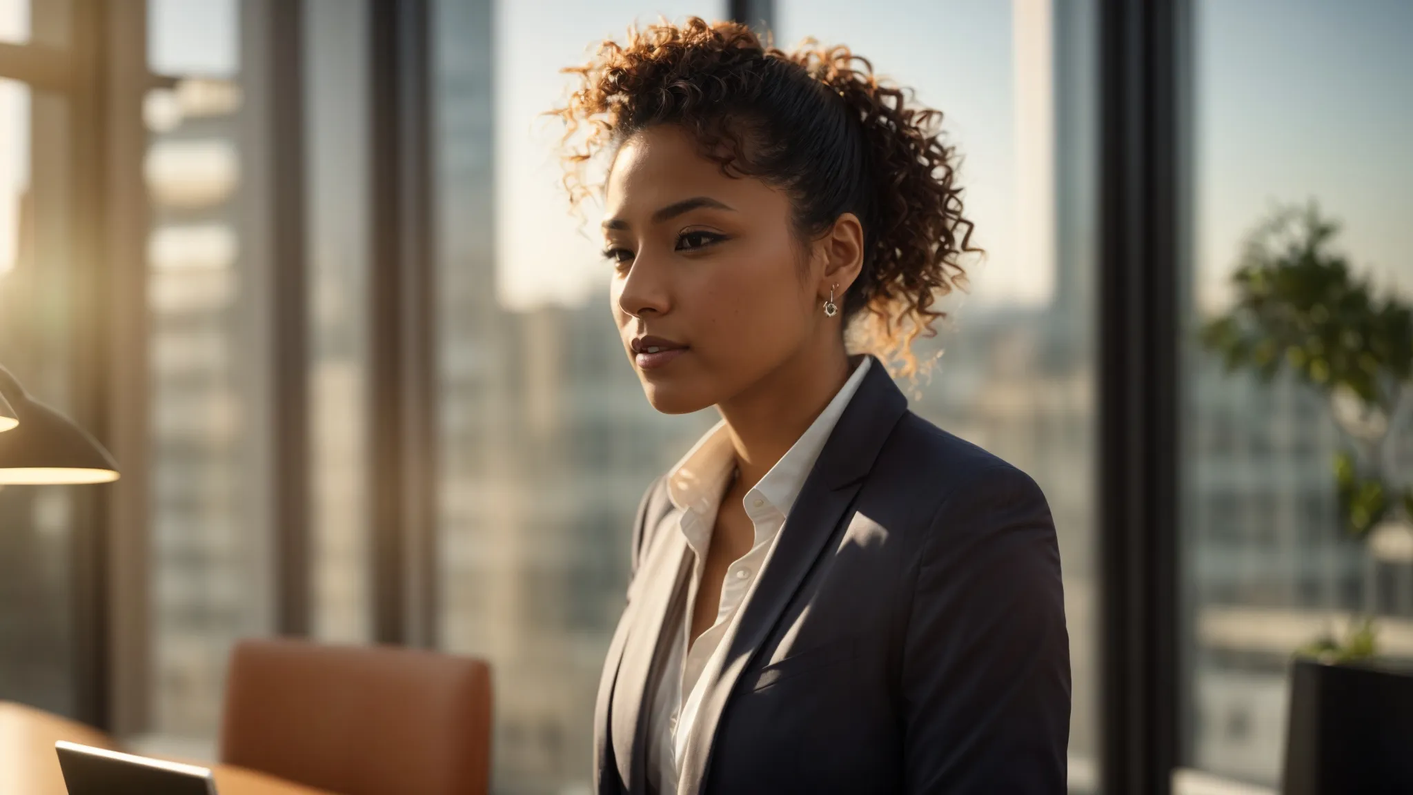 a newly minted real estate agent stands confidently in a bright office space, surrounded by inspiring visuals of successful sales, as they strategically plan their budget on a sleek desktop, illuminated by warm afternoon sunlight streaming through large windows.