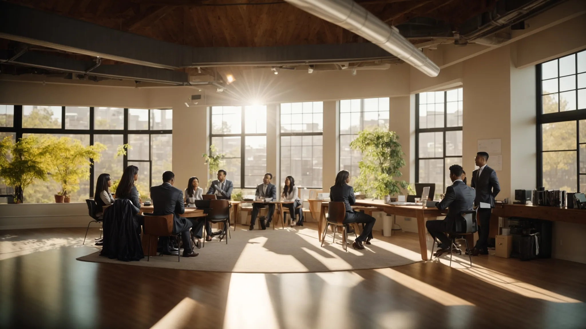 a panoramic view of a diverse group of aspiring real estate agents engaged in a dynamic training session, illuminated by warm, inviting sunlight streaming through large windows, symbolizing their journey towards knowledge and professional growth amidst a backdrop of vibrant educational materials.