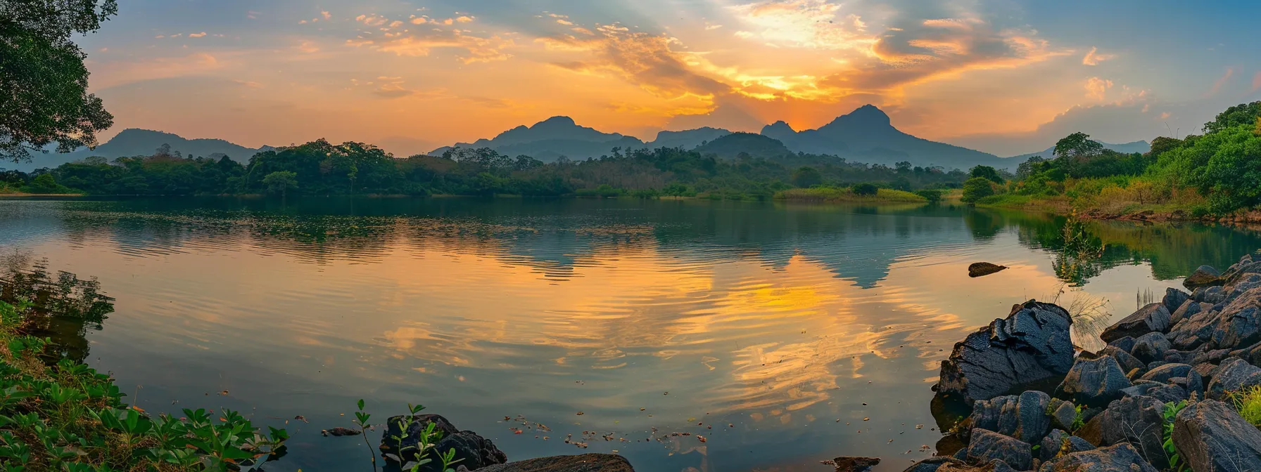 a breathtaking landscape captures a vibrant sunset illuminating a serene lake, surrounded by majestic mountains and lush greenery, reflecting a kaleidoscope of warm colors in the tranquil water.