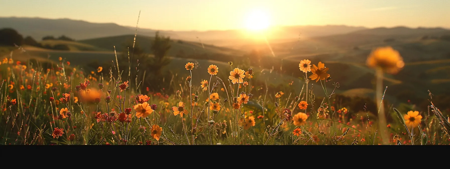 a breathtaking landscape of vibrant wildflowers swaying gently under a golden sunset, with rolling hills in the background that create a serene and enchanting atmosphere.
