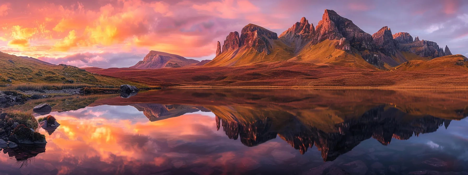 a breathtaking mountain landscape at sunrise, showcasing vibrant hues of orange and pink lighting up the towering peaks, while a serene lake mirrors the dramatic sky below.