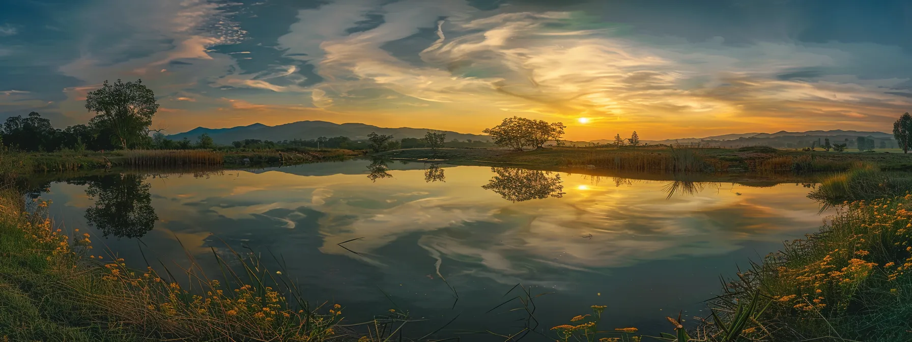 a breathtaking sunrise casts a golden hue over a tranquil lake, reflecting the vibrant colors of the sky while majestic mountains loom in the background, creating a serene atmosphere of natural beauty.