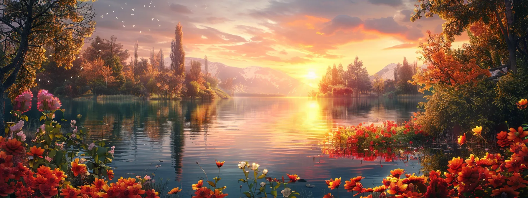 a breathtaking sunrise casts golden rays over a tranquil lake, where vibrant wildflowers bloom in a riot of color along the shore, reflecting the serene beauty of nature.