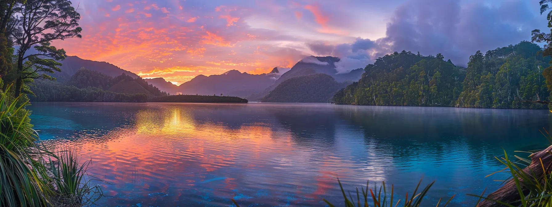 a breathtaking sunrise casts golden hues over a serene lake, reflecting the vibrant colors of the sky along the calm water's surface, surrounded by lush, verdant trees.