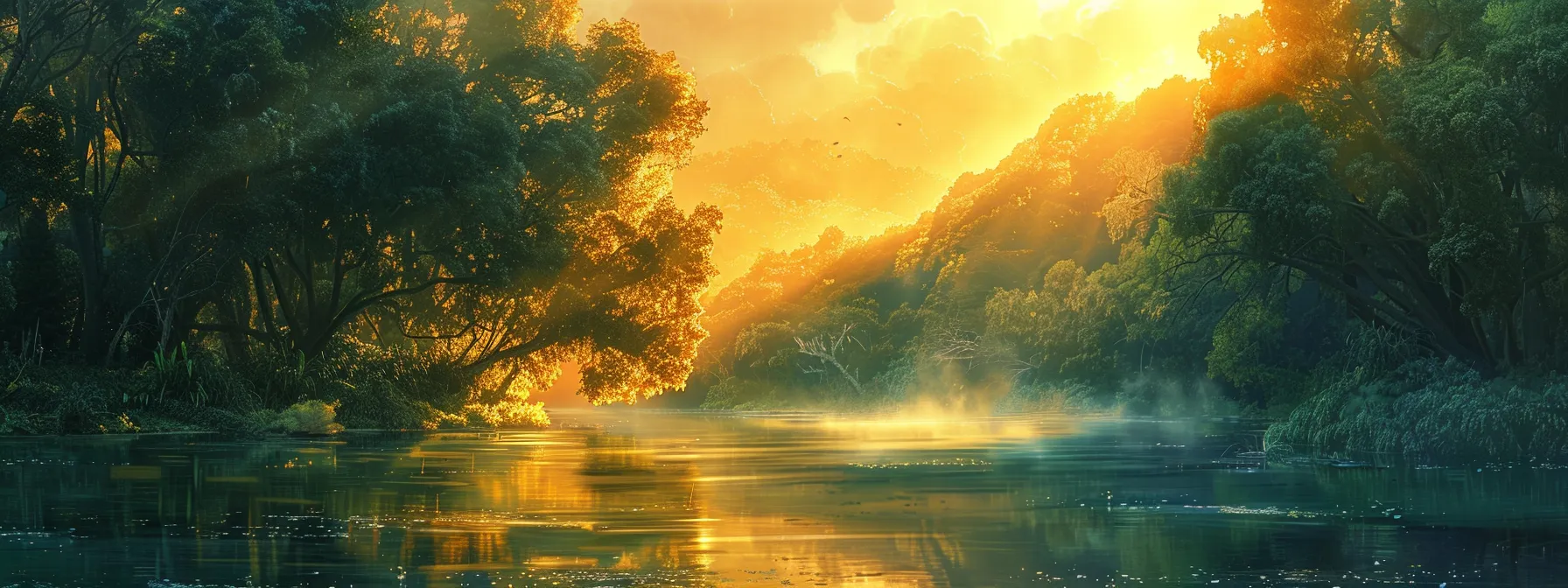a breathtaking sunrise casts golden rays over a tranquil lake, reflecting the vibrant colors of the sky and surrounding lush, emerald trees, creating a serene and harmonious natural landscape.