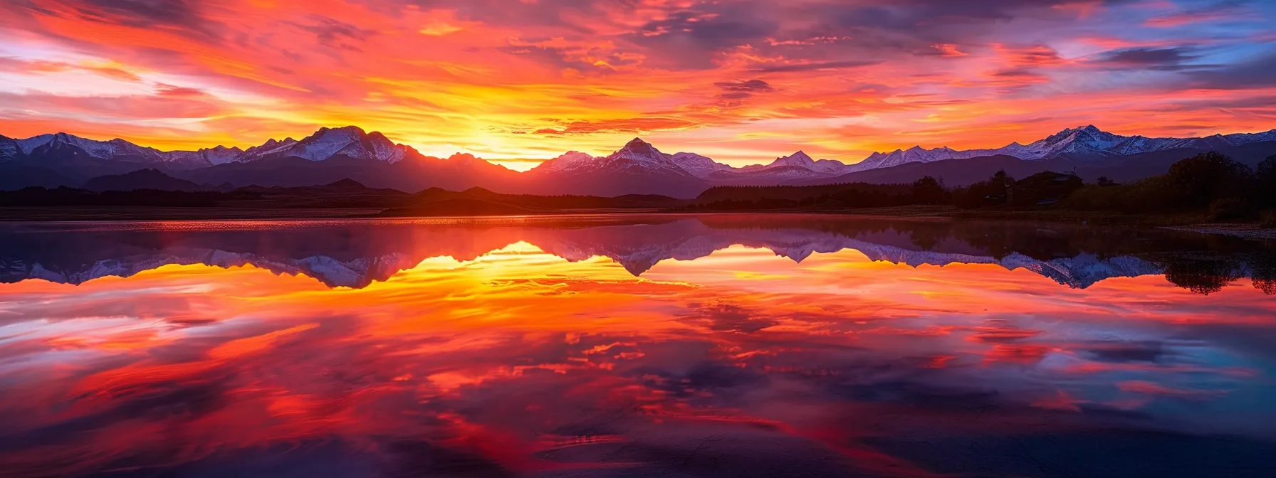 a breathtaking sunrise casts vibrant hues of orange and pink across a tranquil lake, reflecting the majestic silhouette of towering mountains in the distance.