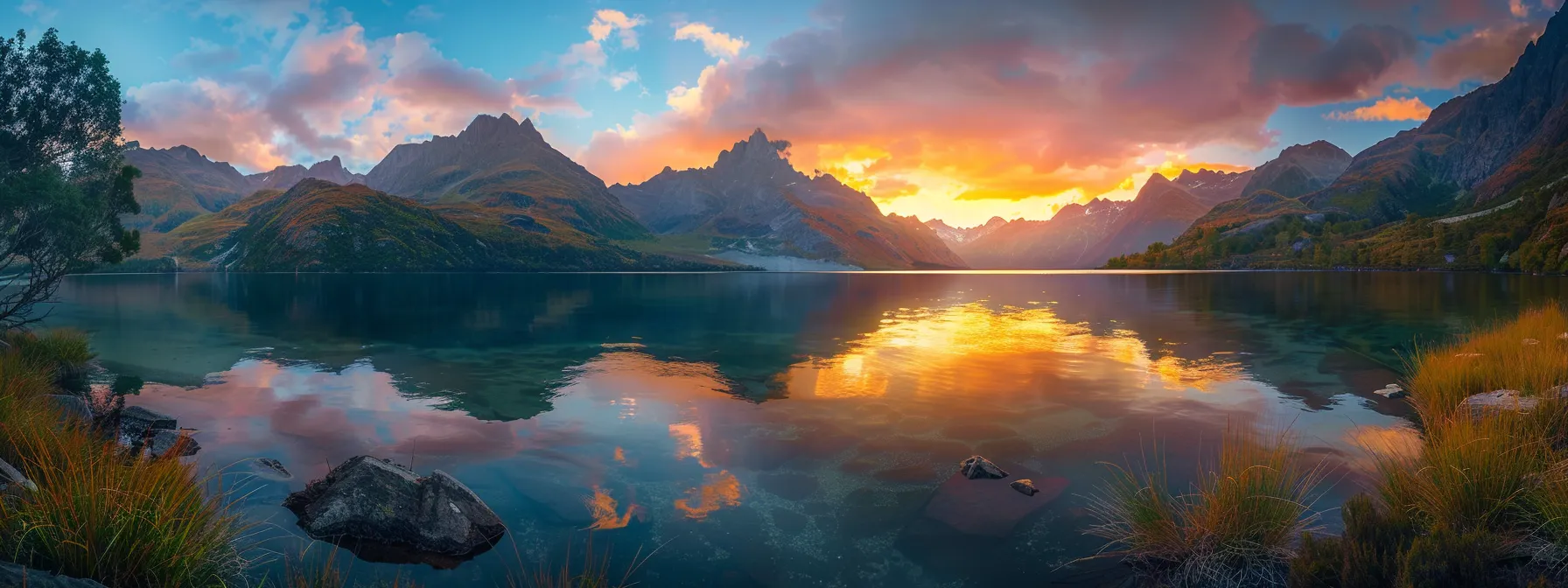 a breathtaking sunrise illuminates a tranquil lake surrounded by towering mountains, casting vibrant reflections on the still water and enveloping the scene in a golden glow.