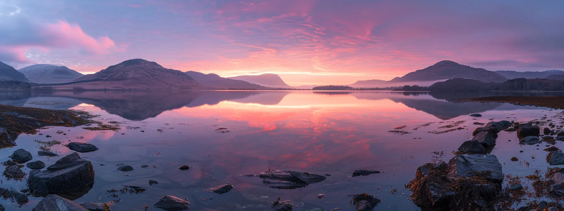 a breathtaking sunrise illuminates a tranquil lake surrounded by majestic mountains, reflecting the vibrant hues of the sky in crystal-clear waters.