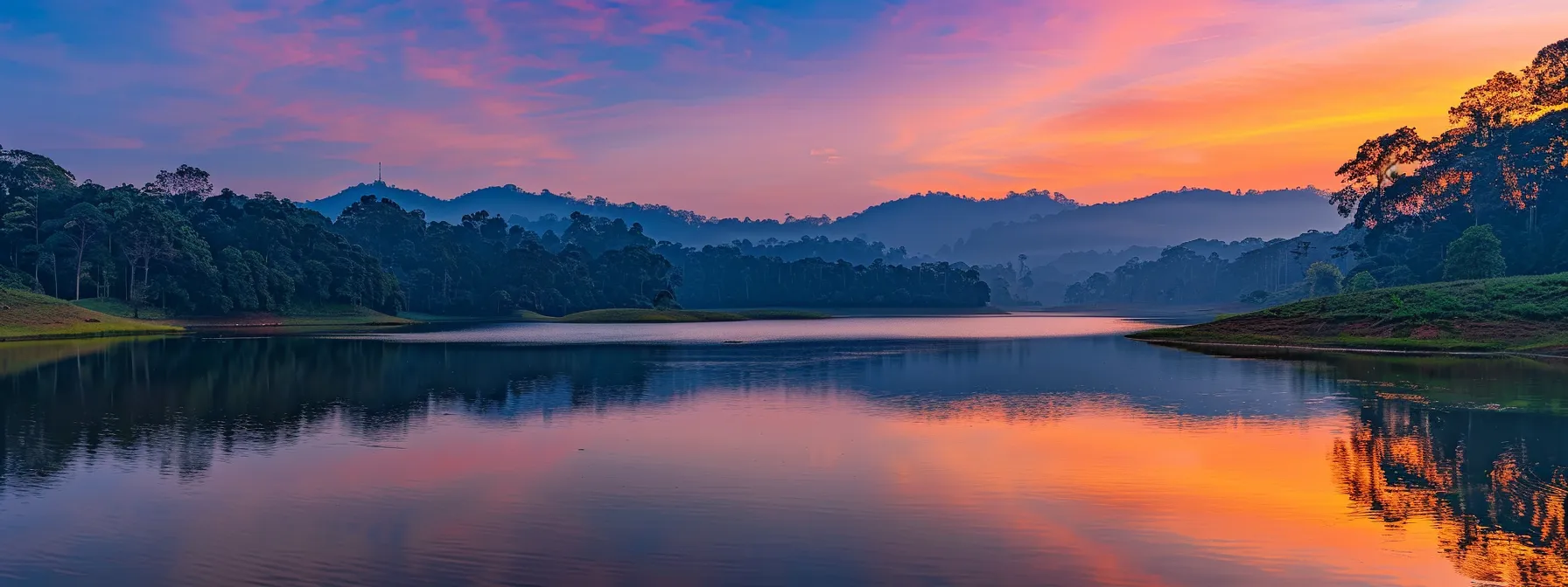 a breathtaking sunrise paints the sky in vibrant hues of orange and pink, illuminating a tranquil lake surrounded by serene mountains, creating a harmonious reflection on the water's surface.