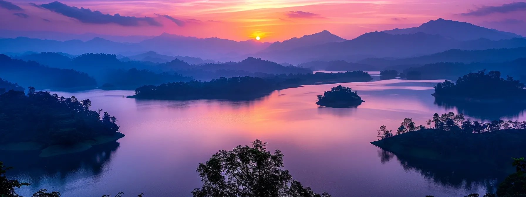 a breathtaking sunset casts vivid hues of orange and purple across a tranquil lake, with silhouetted mountains rising majestically in the background.