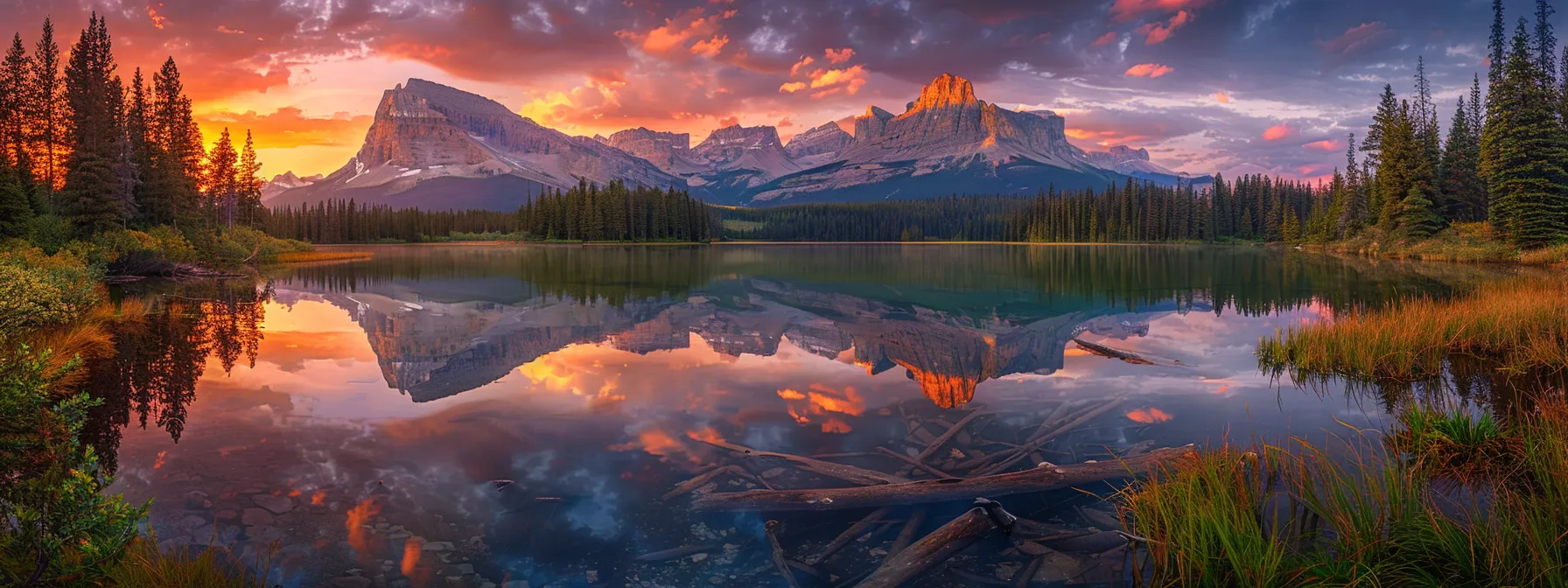 a breathtaking sunset casts a golden glow over a tranquil lake, reflecting vibrant hues of orange and purple against a backdrop of majestic mountains.