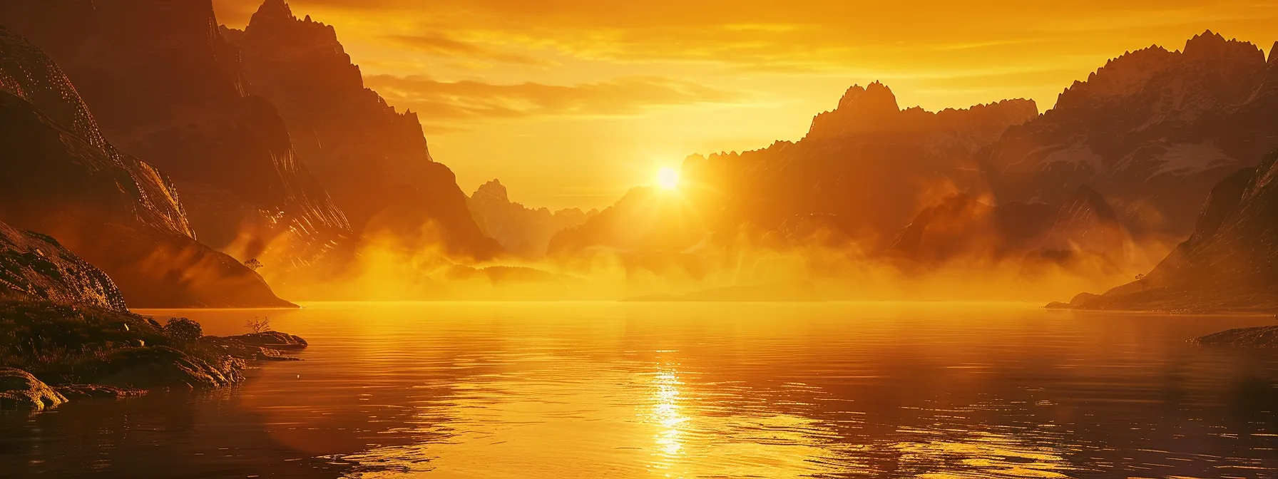 a breathtaking sunset casts a warm golden glow over a tranquil lake, with mist rising gently from the water's surface and silhouetted mountains forming a dramatic backdrop.