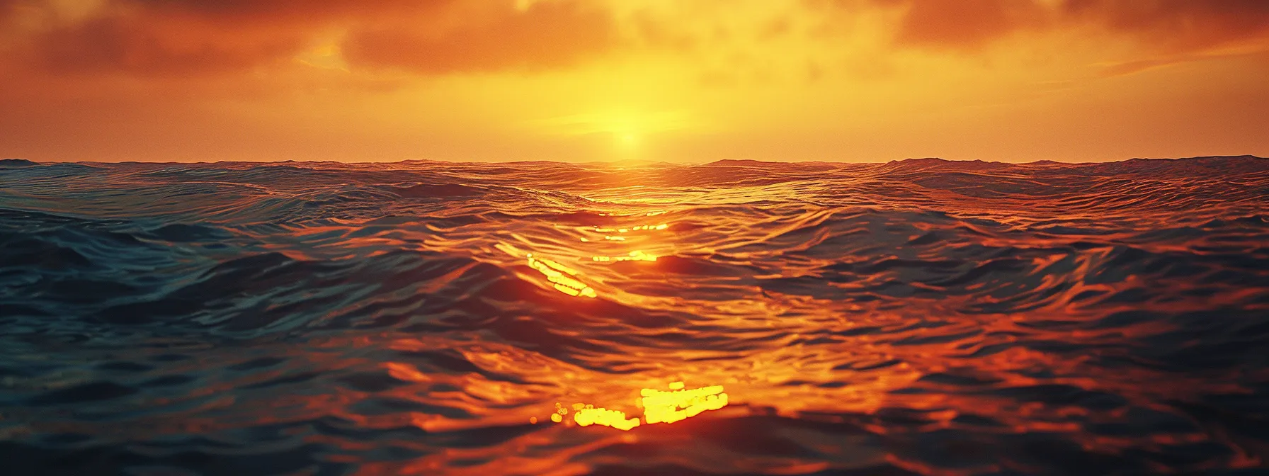 a breathtaking sunset casts a warm golden hue over a serene ocean, reflecting vibrant orange and pink skies on rippling waves, creating an atmosphere of tranquility and wonder.