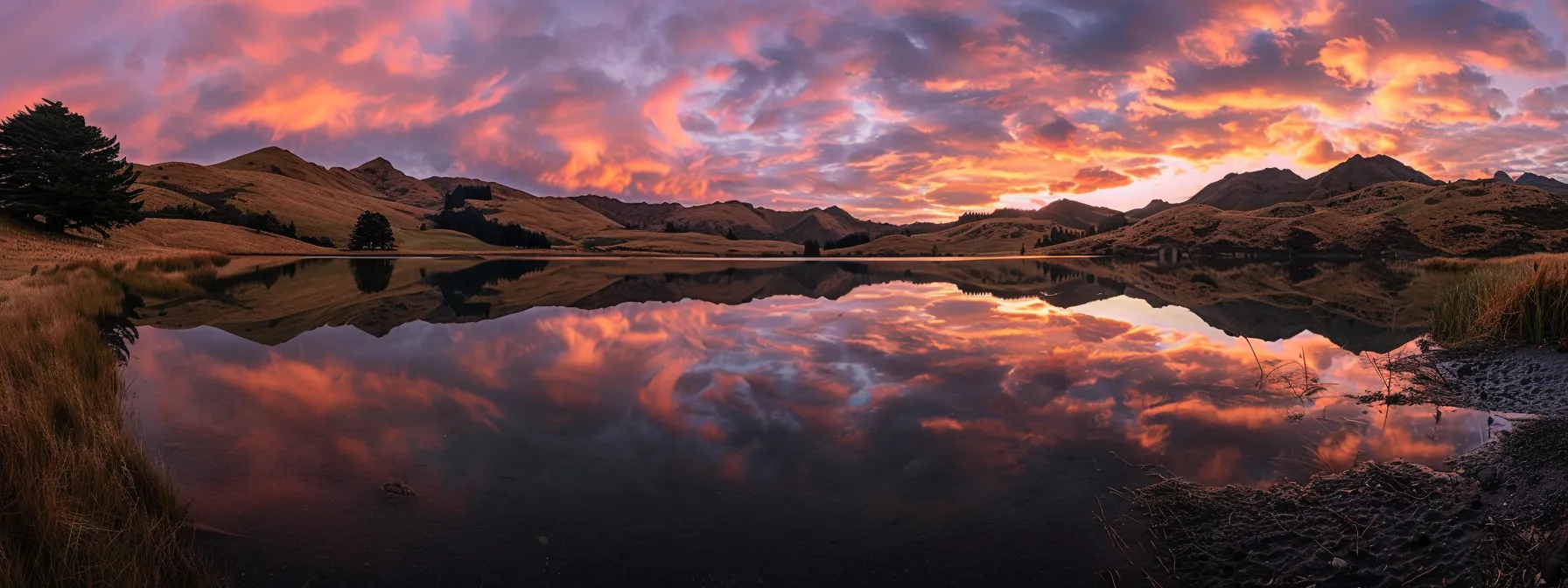 a breathtaking sunset casts a warm golden glow over a tranquil lake, where vibrant orange and pink hues reflect off the water's surface, creating a serene and picturesque landscape.