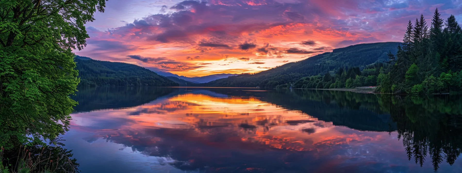a breathtaking sunset casts a warm golden glow over a serene lake, reflecting the vibrant oranges and purples of the sky, framed by lush, green trees that sway gently in the evening breeze.