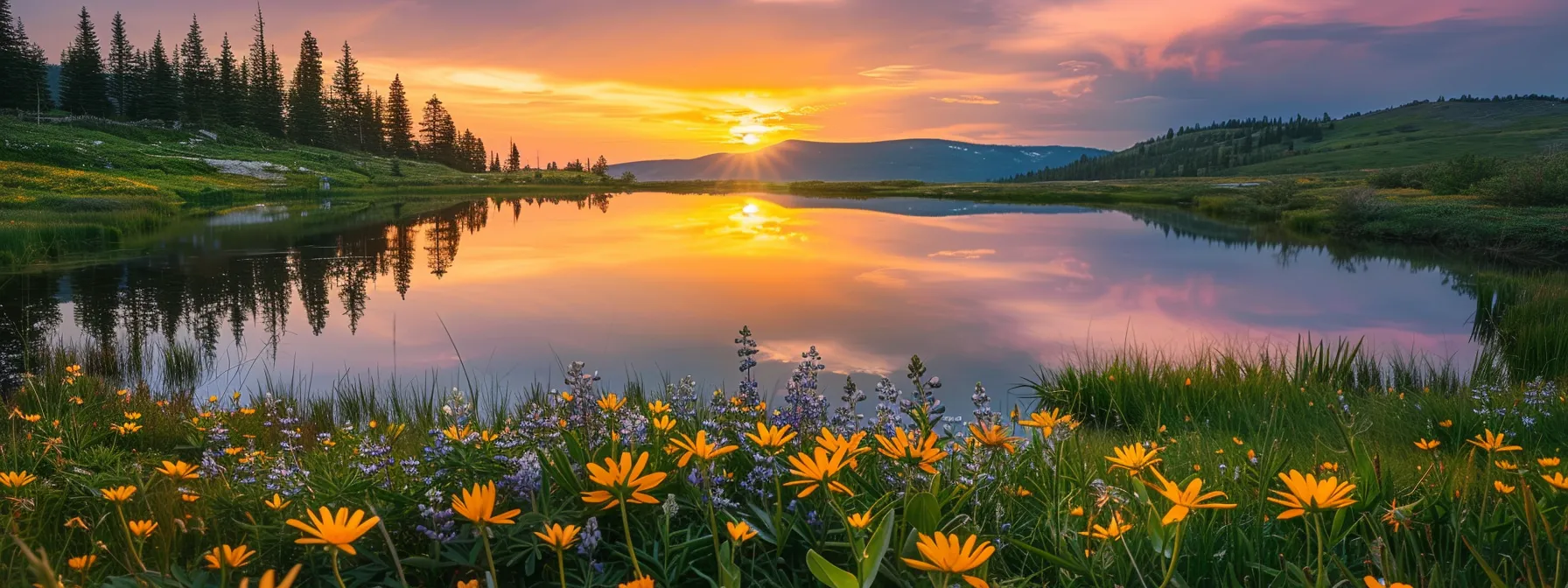 a breathtaking sunset casts a warm golden glow over a tranquil lake, where vibrant wildflowers sway gently in the foreground, reflecting the serene beauty of nature's harmony.