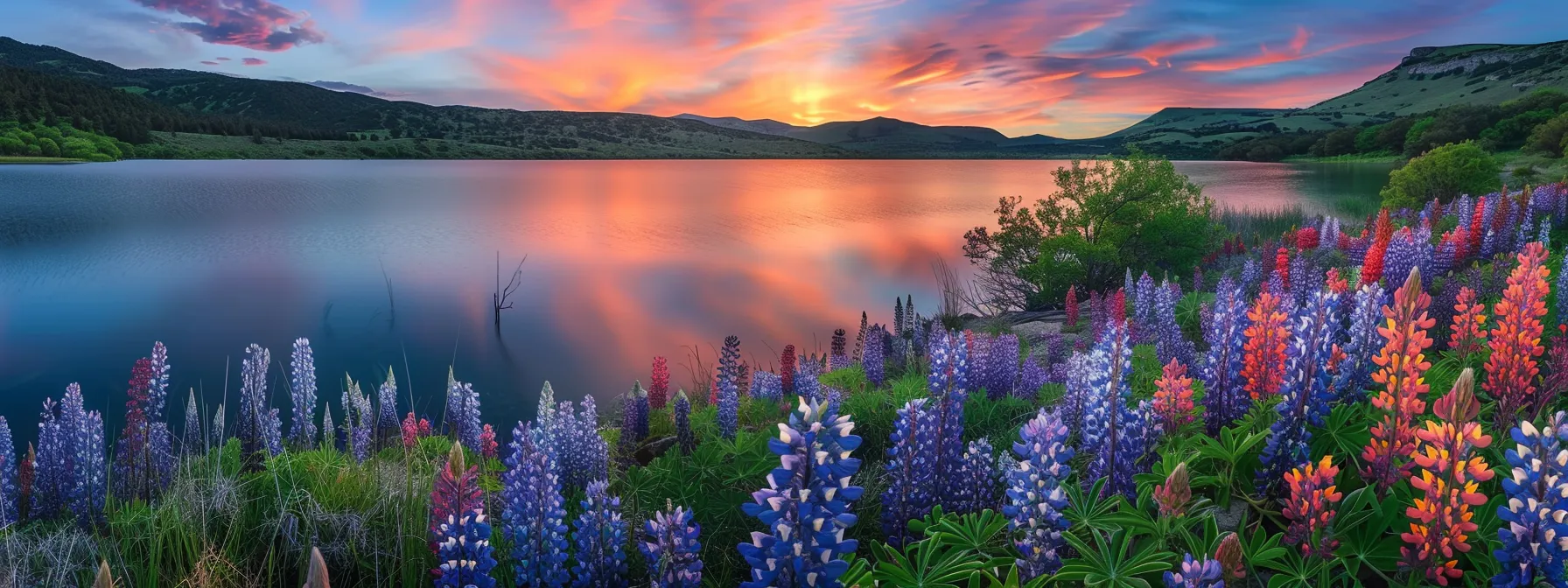 a breathtaking sunset casts a warm glow over a tranquil lake, where vibrant wildflowers bloom along the shoreline, reflecting the colorful sky in crystal-clear waters.