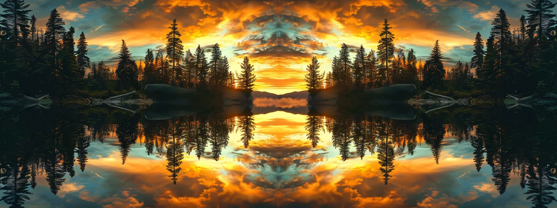 a breathtaking sunset casts golden hues over a tranquil lake, reflecting vibrant clouds and silhouetted trees, creating a serene and harmonious atmosphere.