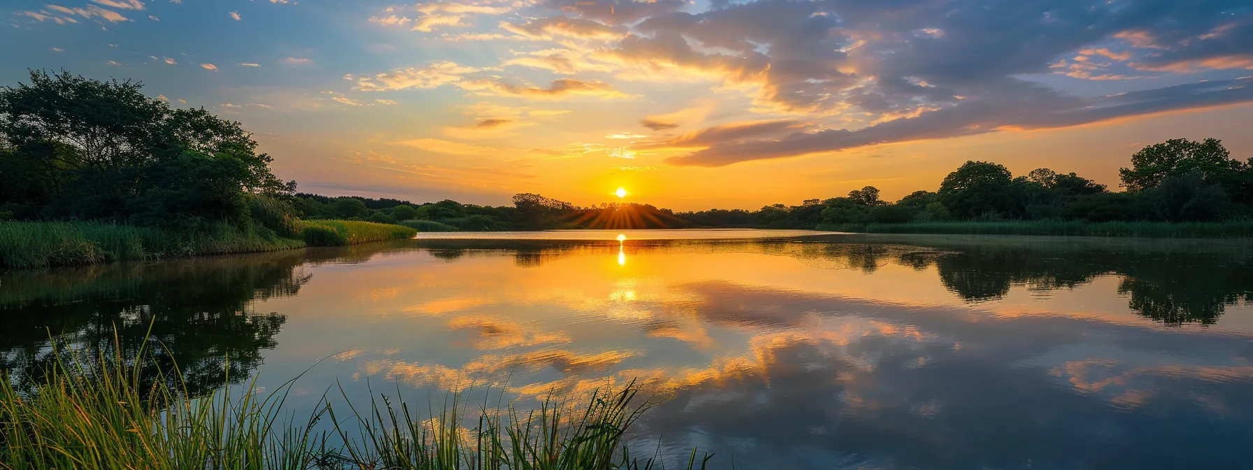 a breathtaking sunset casts golden hues over a serene lake, reflecting the vibrant colors of the sky and surrounding lush greenery in perfect tranquility.