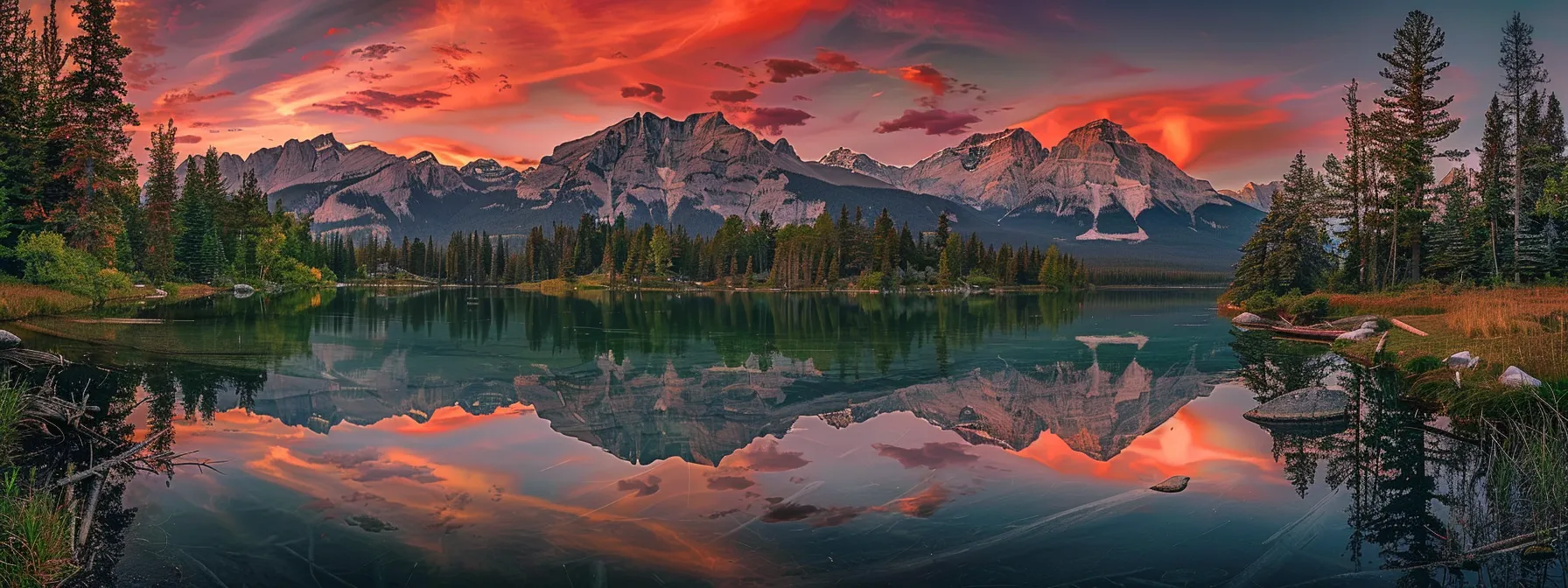 a breathtaking sunset casts vibrant hues of orange and pink across a tranquil lake, reflecting the serene beauty of the surrounding mountains.