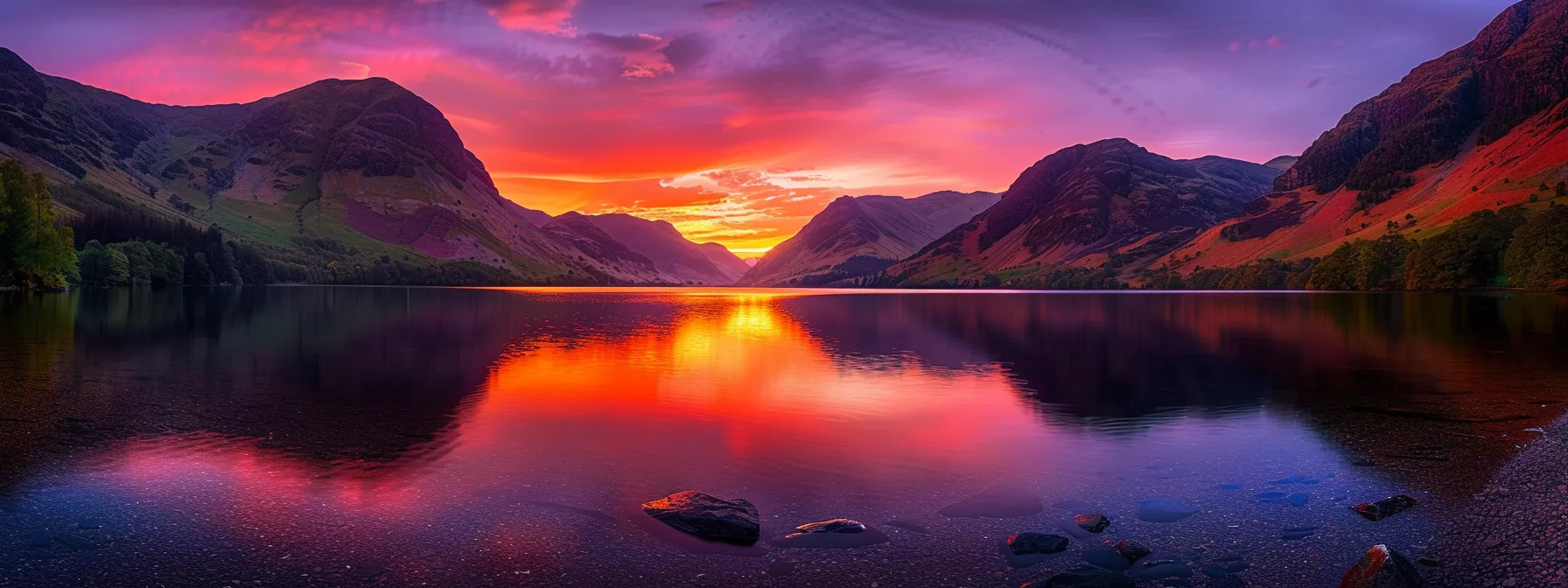 a breathtaking sunset casts vibrant hues of orange and purple over a tranquil lake, with silhouetted mountains reflecting on the water's glassy surface.