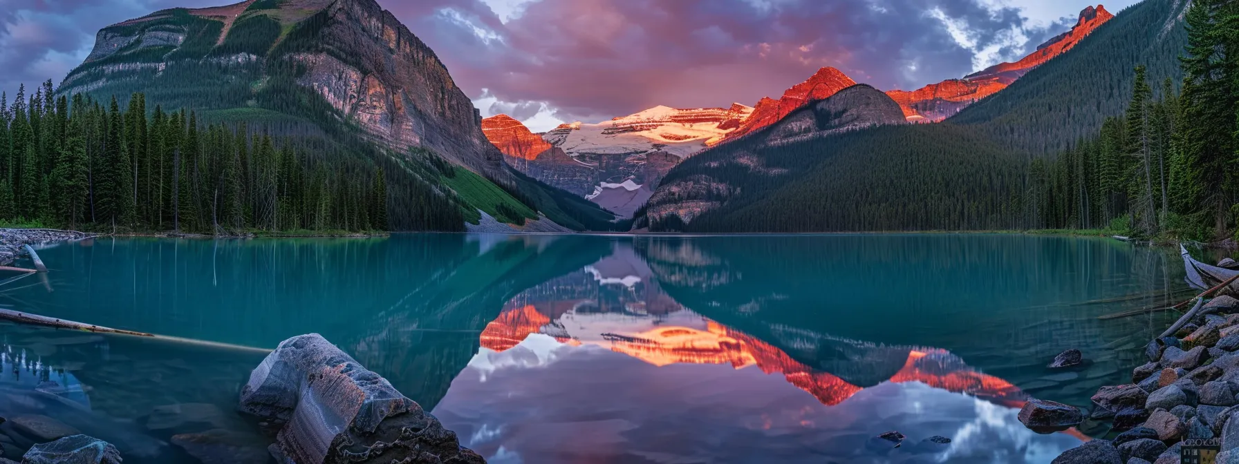 a breathtaking sunset casts vibrant hues of orange and pink across a tranquil lake, surrounded by soaring mountains, reflecting nature's serene beauty in perfect symmetry.