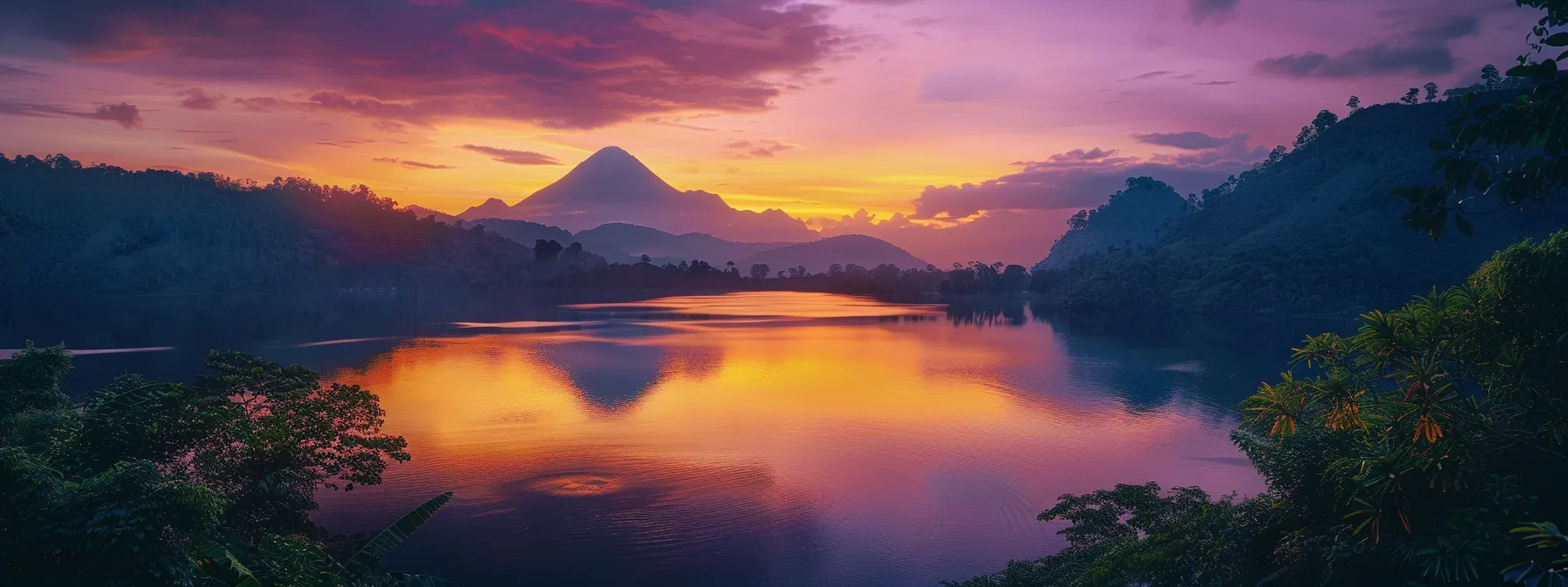 a breathtaking sunset casts vibrant hues of orange and purple across a tranquil lake, reflecting the golden silhouettes of distant mountains and lush greenery along the shore.