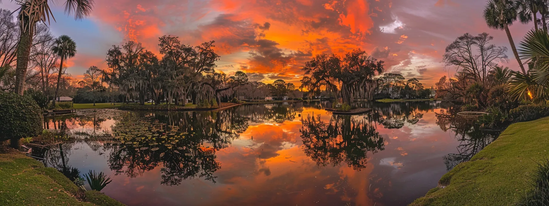a breathtaking sunset casts vibrant hues of orange and pink across a tranquil lake, reflecting the striking colors of the sky and surrounded by lush greenery.