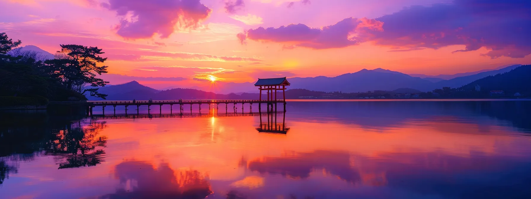 a breathtaking sunset casts vibrant hues of orange and purple across a tranquil lake, where the still waters perfectly reflect the sky’s fiery palette, creating a serene and captivating atmosphere.