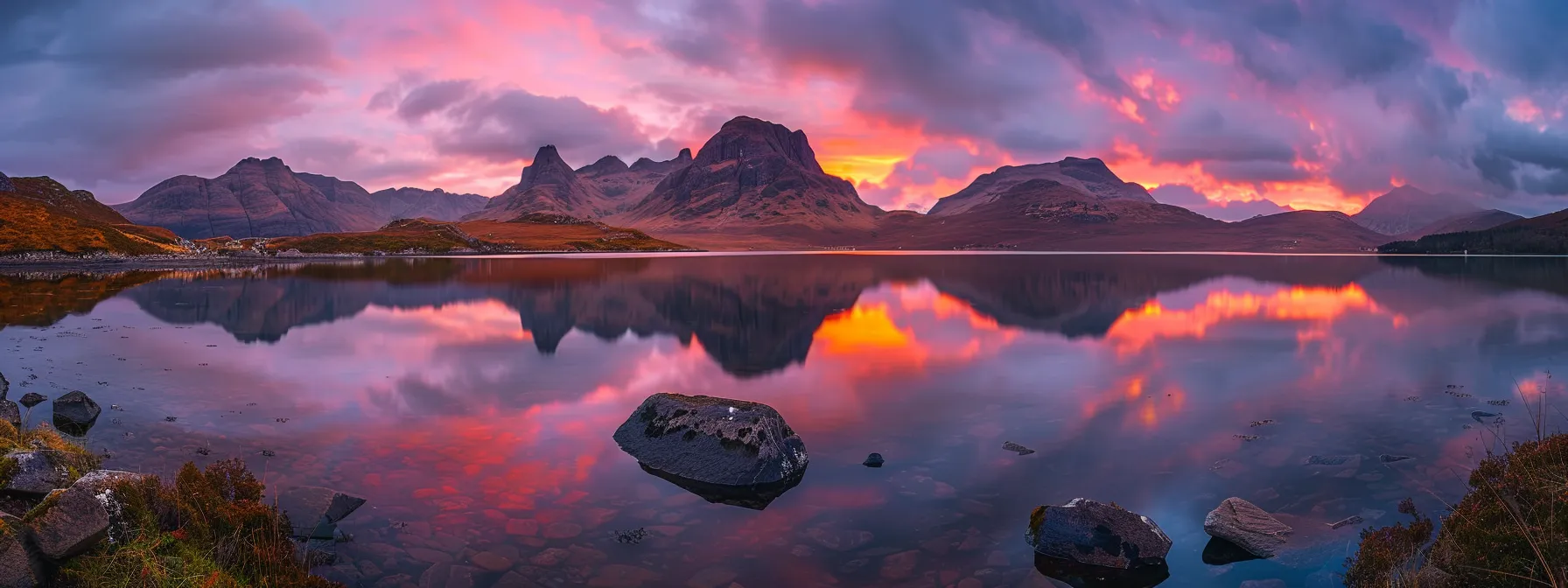 a breathtaking sunset casts vibrant hues of orange and pink over a tranquil lake, reflecting the colorful sky while silhouetted mountains frame the serene landscape.