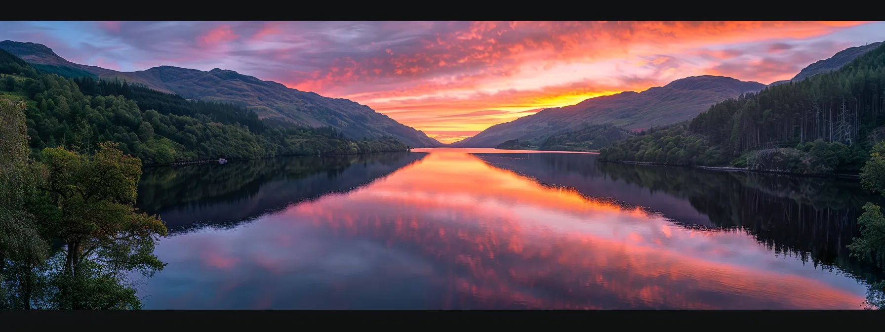 a breathtaking sunset casts vibrant hues of orange and pink across a tranquil lake, reflecting the sky's colors and surrounded by lush, green trees, creating a serene and captivating atmosphere.
