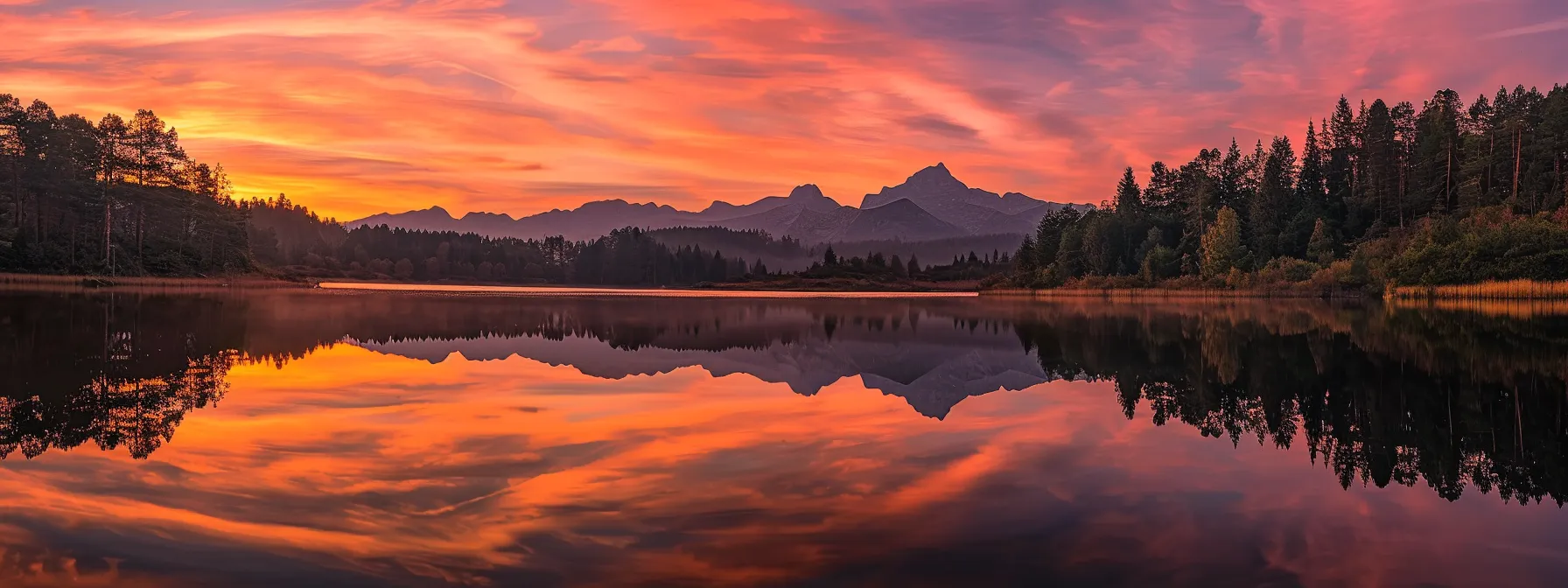 a breathtaking sunset casts vibrant hues of orange and pink across a tranquil lake, reflecting the silhouette of majestic mountains and lush forests in the foreground.