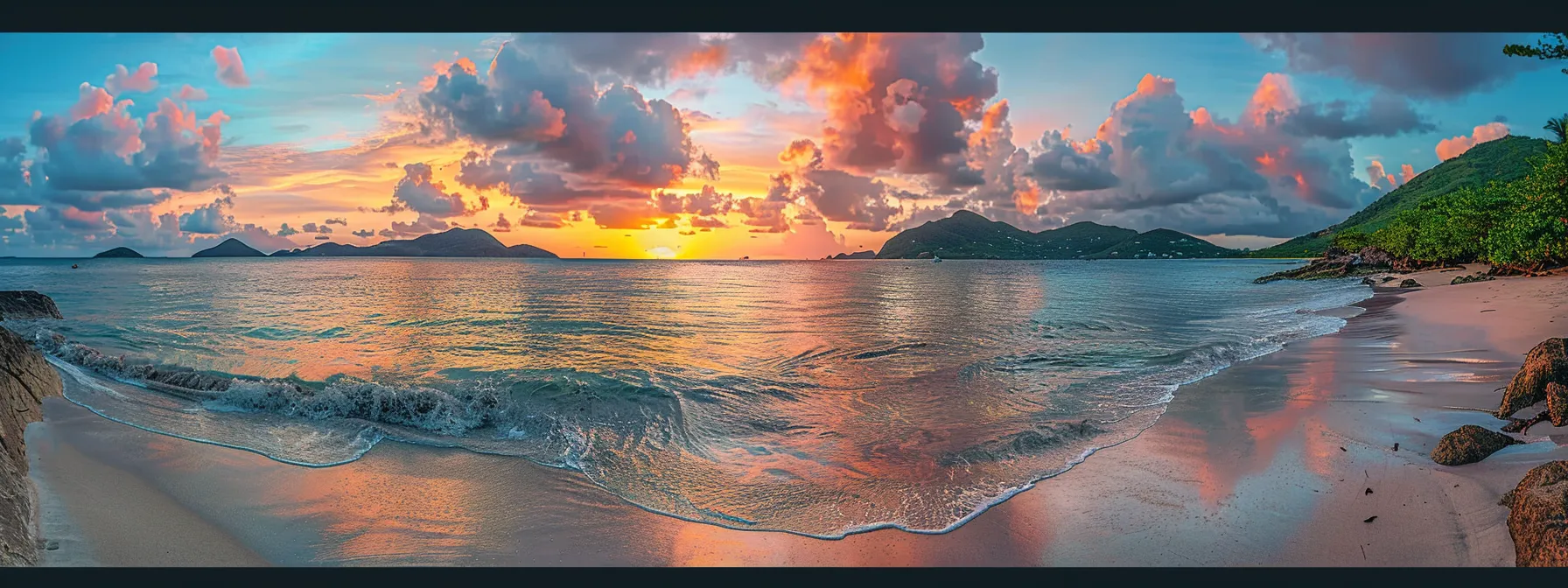 a breathtaking sunset casts vibrant hues of orange and pink over a serene ocean landscape, with gentle waves lapping at a pristine sandy shore.