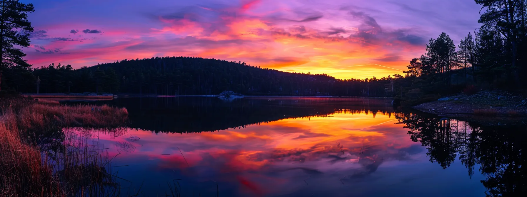 a breathtaking sunset casts vibrant hues of orange and purple across a tranquil lake, reflecting the serene beauty of surrounding pine forests under a clear sky.