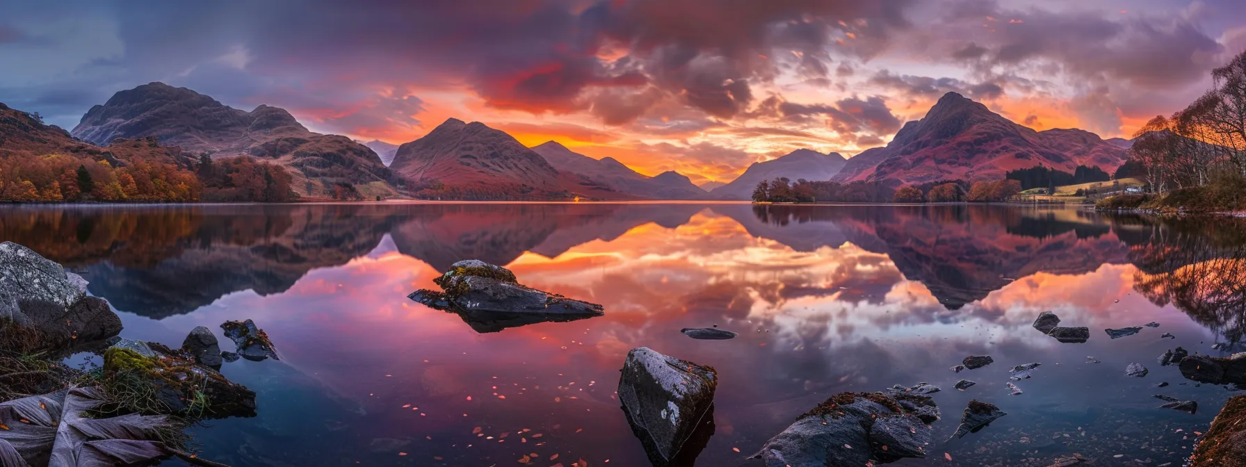 a breathtaking sunset casts vibrant hues of orange and pink over a serene lake, reflecting the stunning colors of the sky while silhouetted mountains stand majestically in the background.