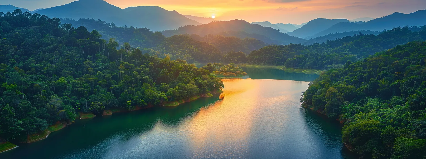 a breathtaking sunset illuminating a serene lake surrounded by lush, verdant mountains, with vibrant hues of orange and pink reflecting off the still water.