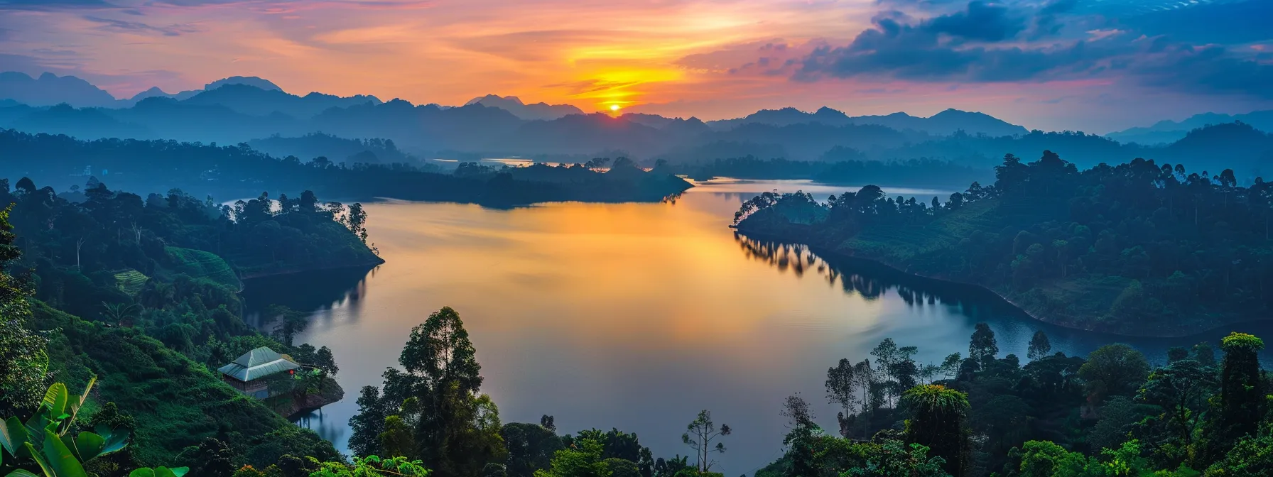 a breathtaking sunset over a tranquil lake, with vibrant hues of orange and pink reflecting off the smooth water's surface, surrounded by lush greenery and distant mountains.