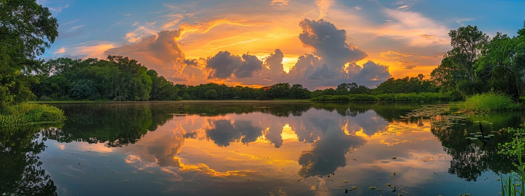 a breathtaking sunset over a tranquil lake reflects hues of orange and pink in the sky, surrounded by lush greenery that frames the serene water.