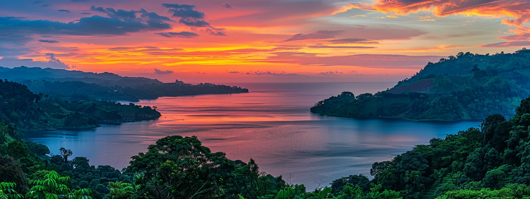 a breathtaking sunset over a tranquil lake, with vibrant hues of orange and pink reflecting on the water's surface, framed by lush green trees symbolizing serenity and natural beauty.