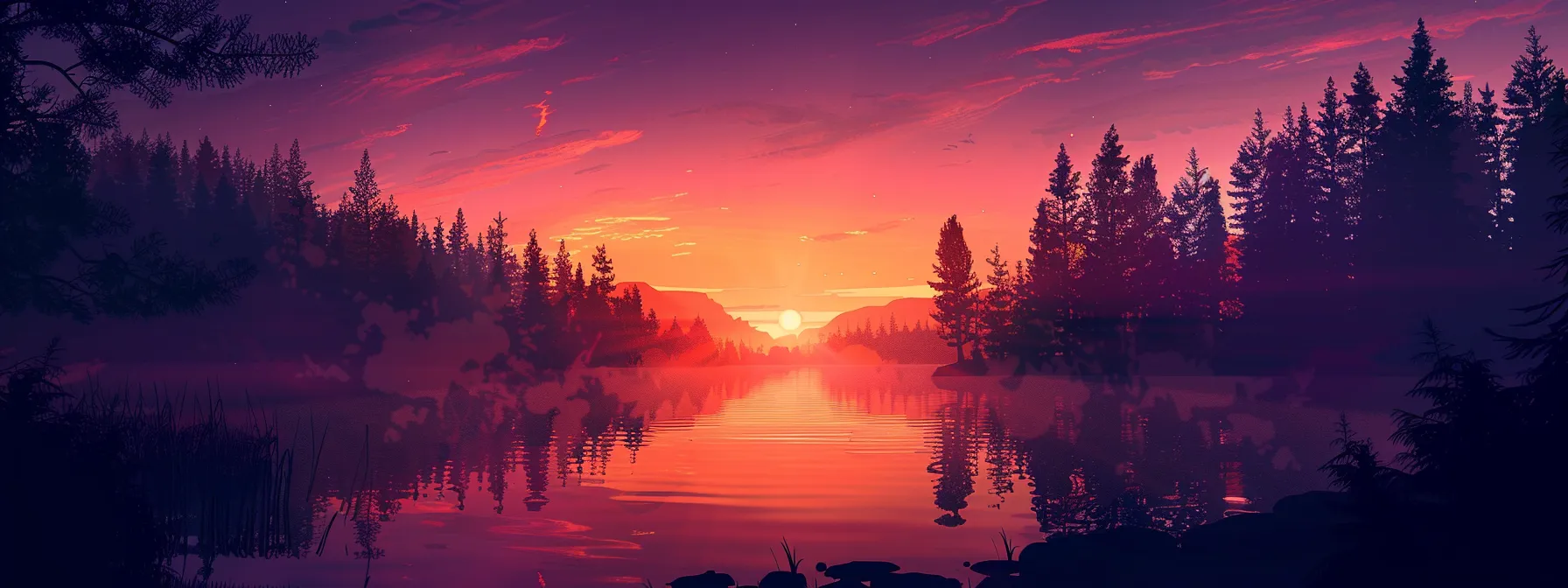 a breathtaking sunset paints the sky in vibrant hues of orange and purple, casting a warm glow over a tranquil lake surrounded by silhouetted pine trees.