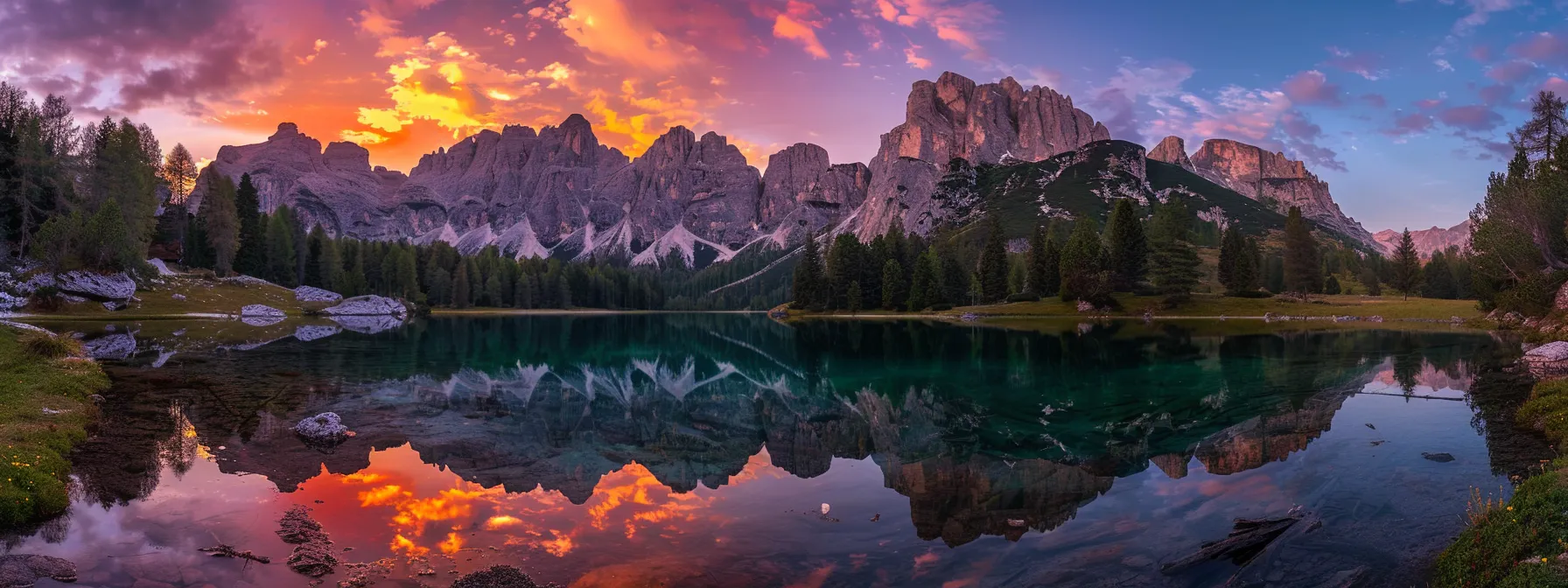 a breathtaking sunset paints the sky in vibrant hues of orange and purple, reflecting dramatically on the calm surface of a tranquil lake surrounded by majestic mountains.