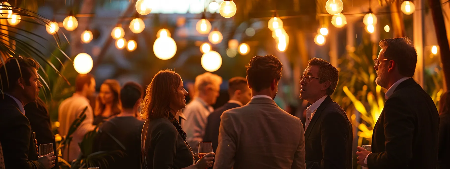 a bustling real estate networking event under warm, inviting lights, showcasing professionals engaging in lively conversations amidst elegant decor, embodying the essence of collaboration and opportunity in the industry.