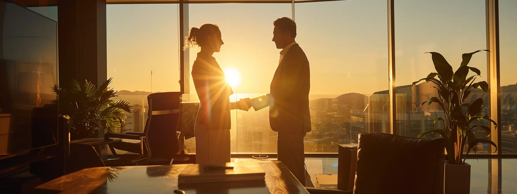 a confident real estate agent negotiates with a client in a sleek modern office, illuminated by soft natural light, showcasing an air of professionalism and rapport-building.