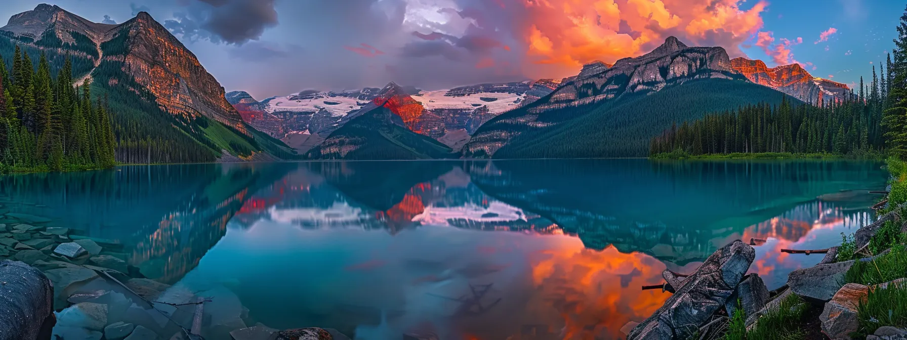 a dramatic sunset casts vibrant hues over a tranquil lake, where the serene reflection of surrounding mountains creates a captivating harmony of colors and nature.
