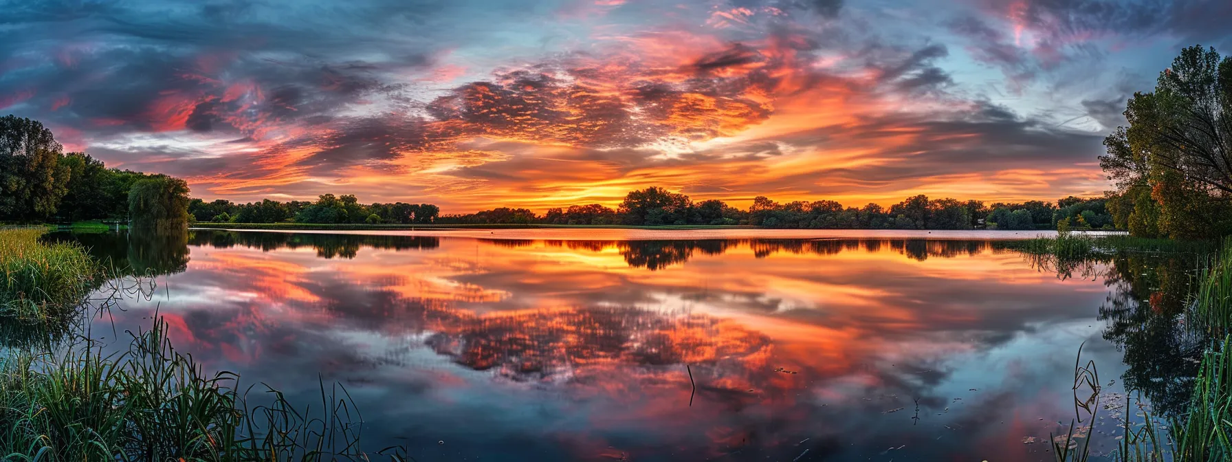 a dramatic sunset casts vibrant hues over a tranquil lake, reflecting the fiery sky and surrounding lush greenery in a serene moment of perfect harmony.