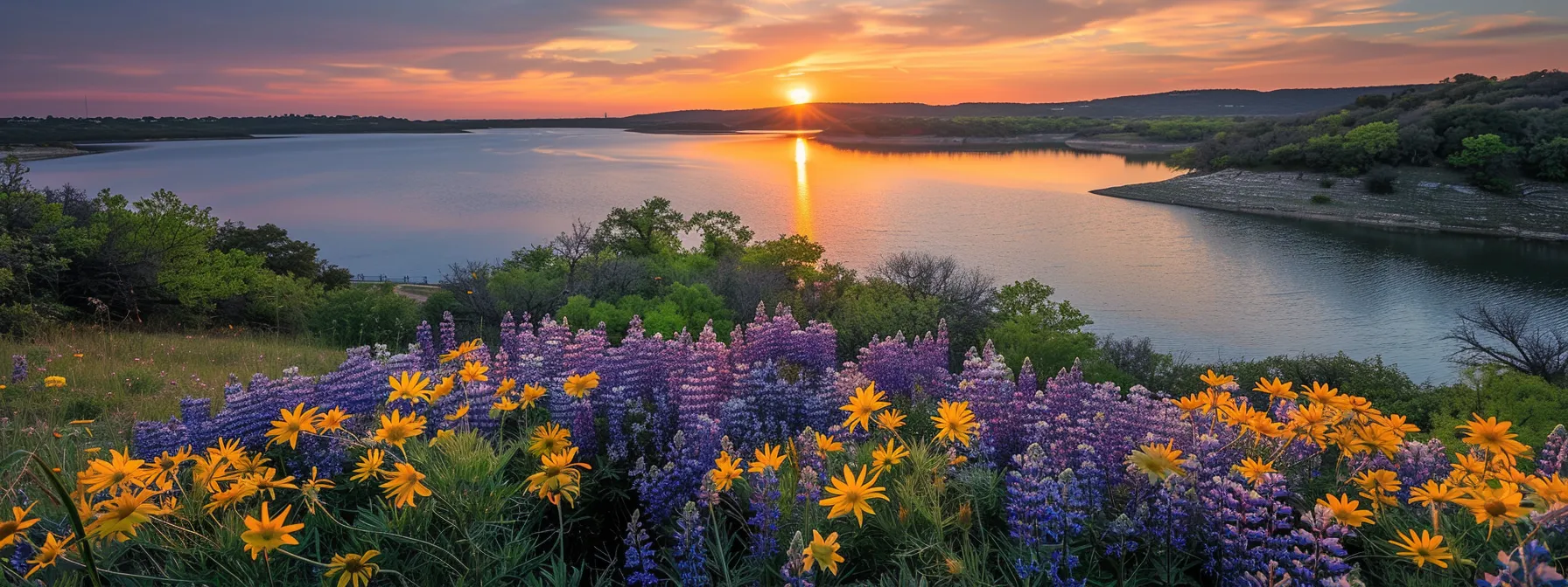 a luminous sunset casts golden hues over a tranquil lake, where vibrant wildflowers bloom along the shore, reflecting the serene beauty of nature.