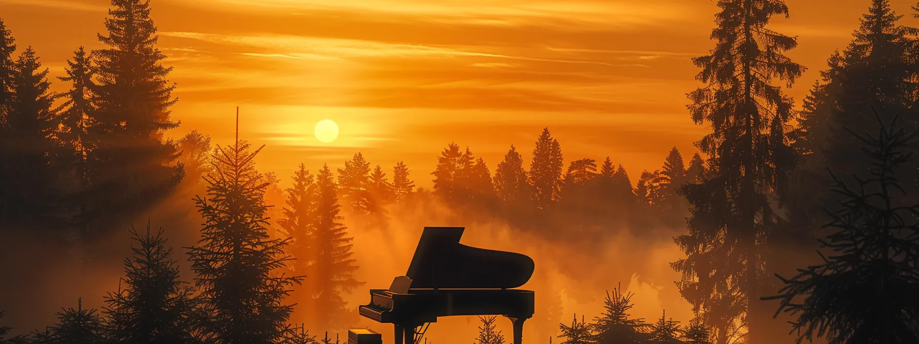 a majestic golden sunset casts a warm glow over a tranquil lake, where tall silhouettes of evergreen trees create a striking contrast against the vibrant sky.